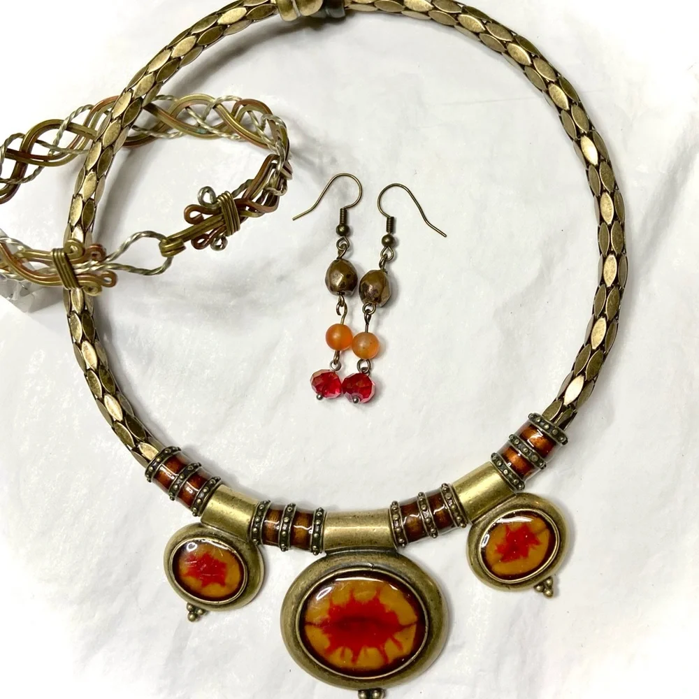Chico’s brass and enameled choker.. earrings and hand crafted bracelet - Picture 3 of 5